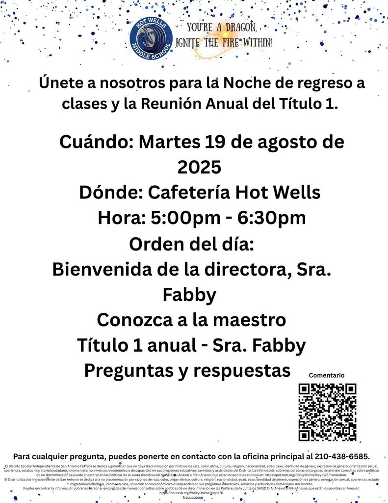 Noche de regreso , Martes, 19 de agosto, 5 - 630 pm, conozca la maestra, titulo 1 anual