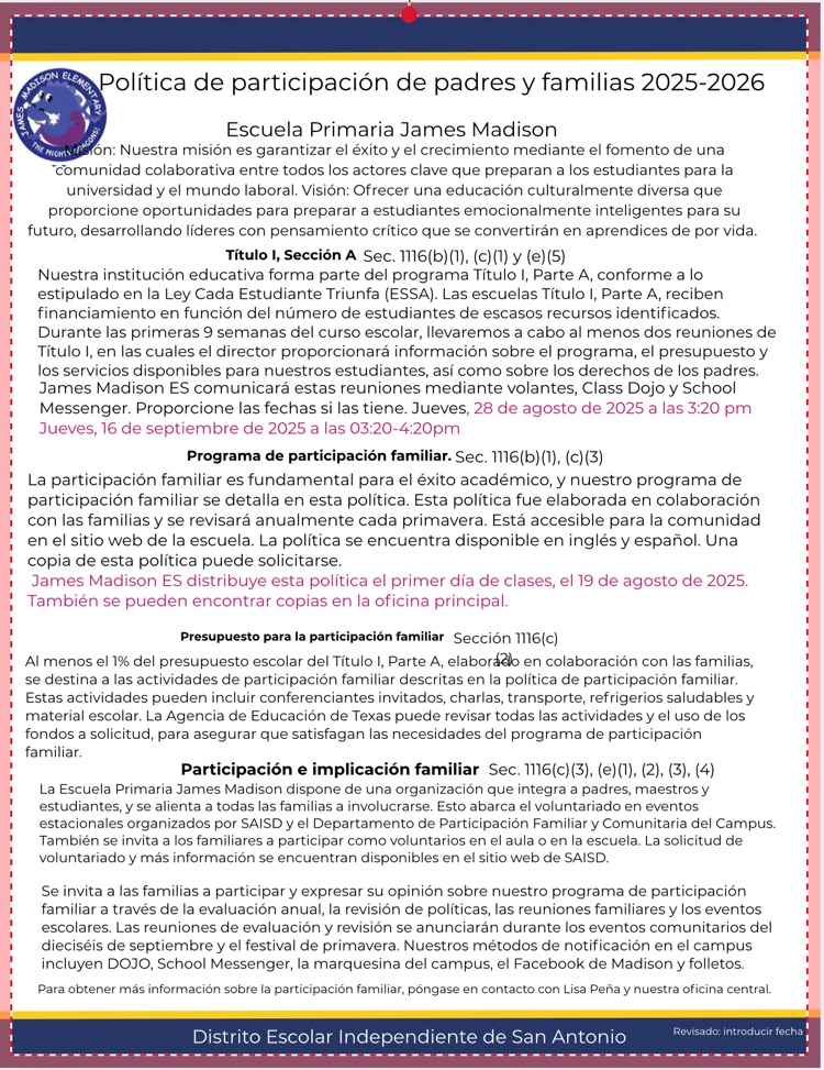 2025-2026 Family Engagement Policy/2025-2026 Política de Compromiso de padres y familias