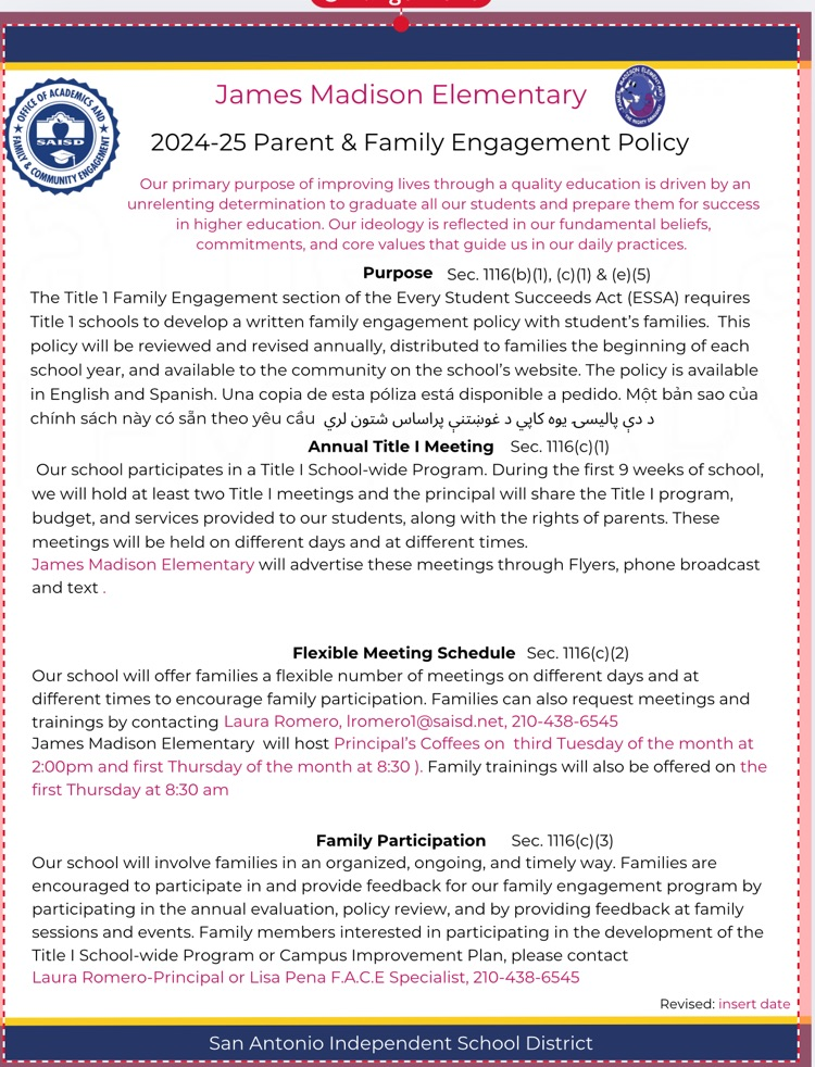 2025-2026 Family Engagement Policy/2025-2026 Política de Compromiso de padres y familias