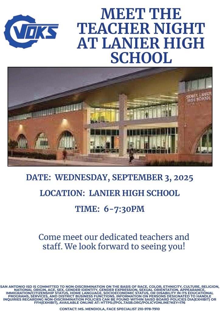 Meet the teacher Night at Lanier - September 3, 6PM
