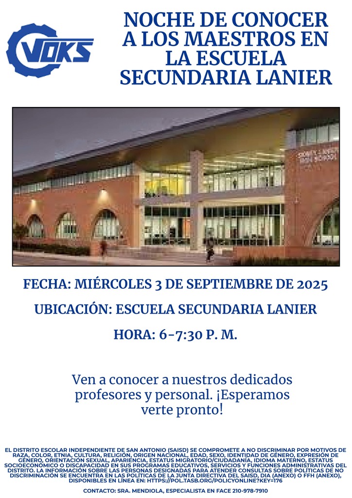 Meet the teacher Night at Lanier - September 3, 6PM