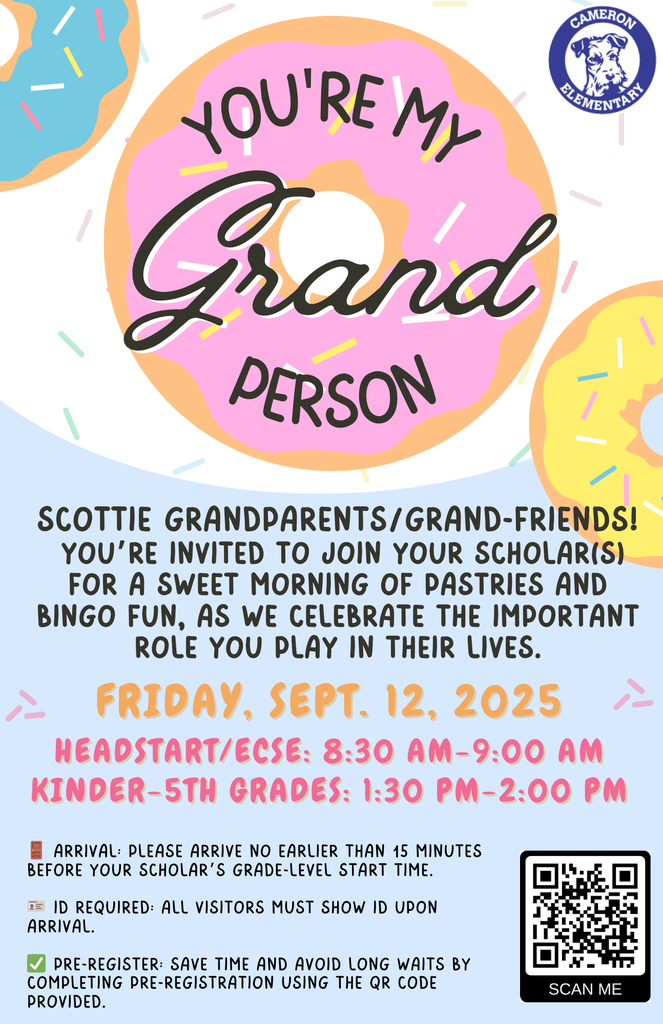 We warmly invite all Scottie Grandparents or Grand-Friends to spend a special time with your scholar(s). Join us for pastries and bingo as we celebrate the important role you play in their lives. Headstart/ECSE: 8:30 a.m.-9:00 a.m. Kinder-5th Grades: 1:30 p.m.-2:00 p.m. To help us with a smooth start, please plan to arrive no earlier than 15 minutes before your scholar’s grade-level start time. All visitors will be required to show ID upon arrival, and we encourage you to pre-register using the link provided to avoid long waits at check-in. We look forward to celebrating this special morning with you and your scholar(s)! https://vkda.co/x/0xlPDobWm4Fg8Rl9