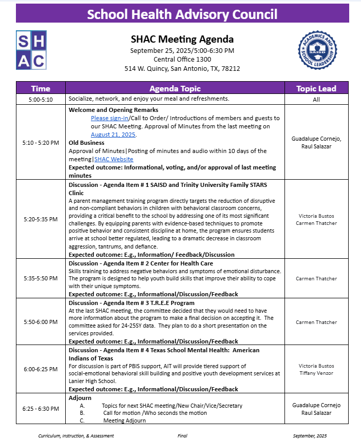 SHAC Agenda