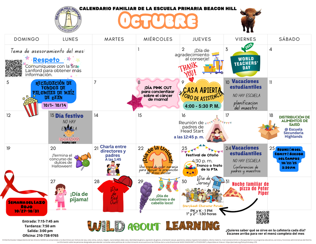 BHP Oct Family Calendar 25-26 SPANISH