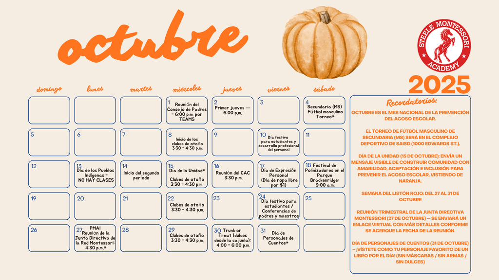 Steele Family Calendar: October 2025 (Spanish)