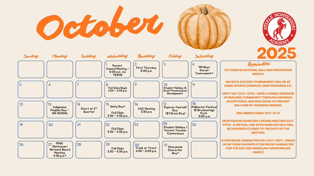 Steele Family Calendar: October 2025 (English)