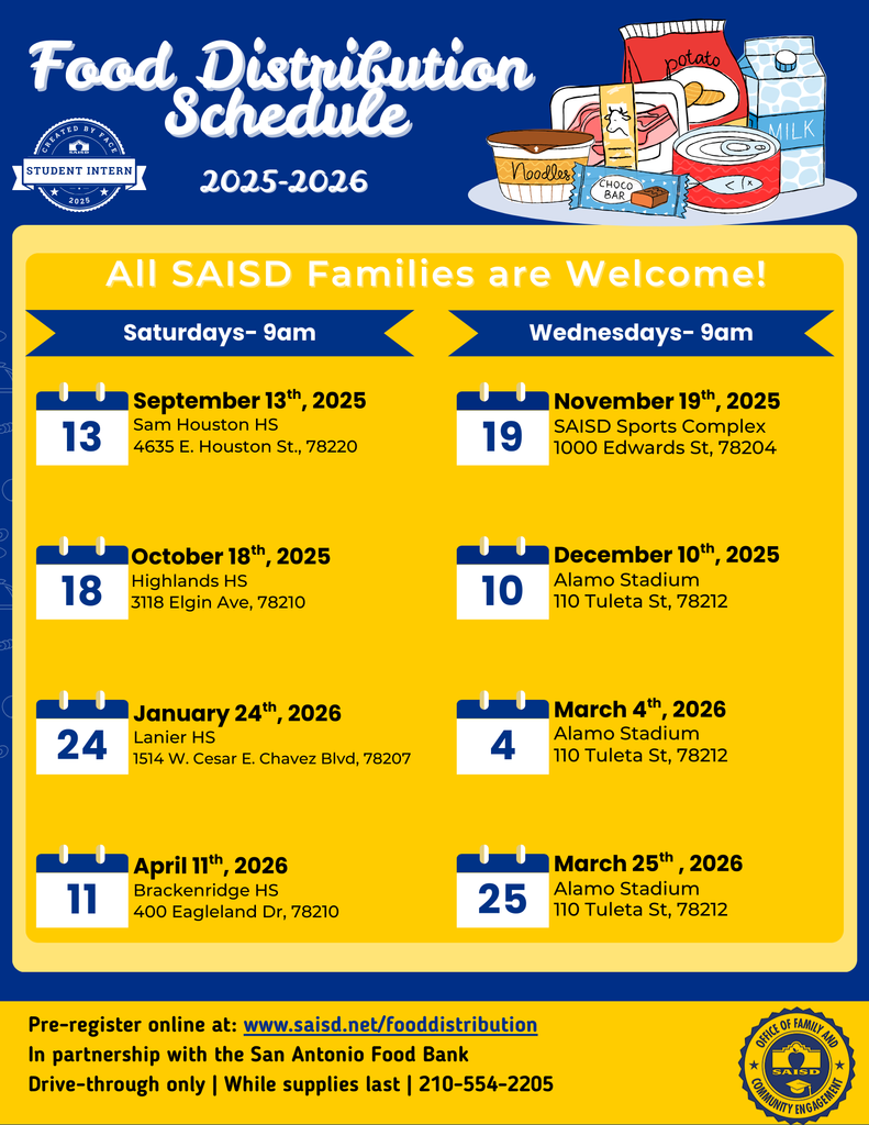 Food Distribution Schedule for 2025-2026. 