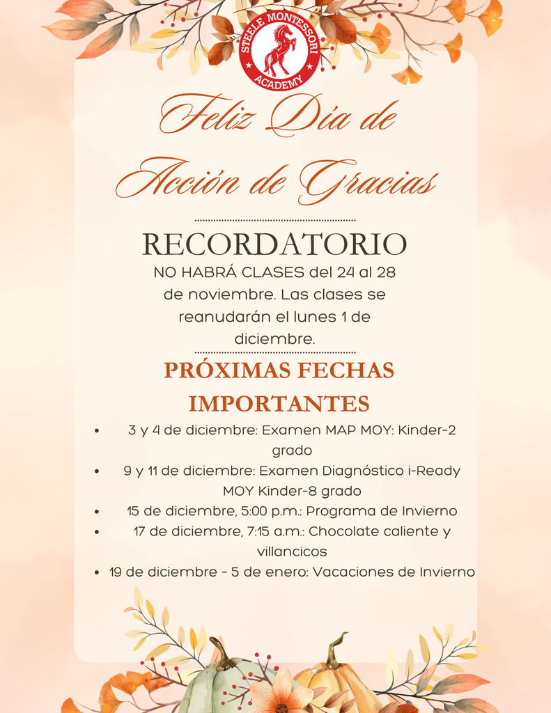Steele Thanksgiving Break Reminder & Upcoming Dates (Spanish)