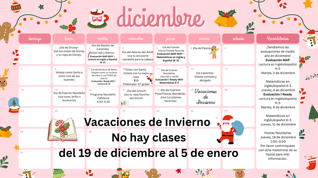 December calendar with campus dates in spanish