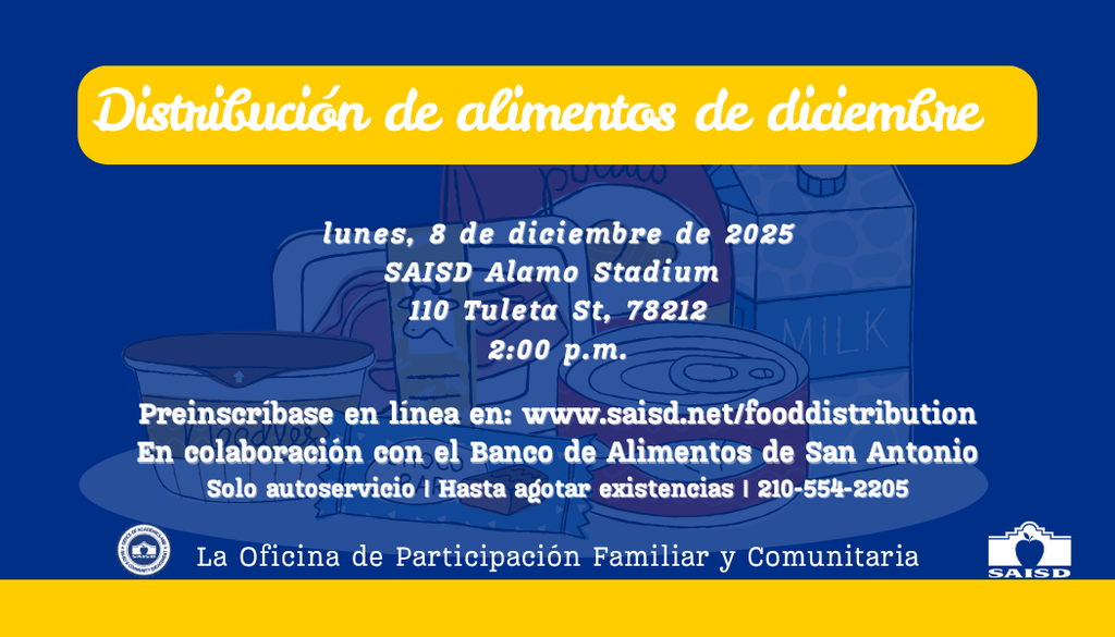 December SAISD Food Distribution on Monday, December 8th at 2:00 PM