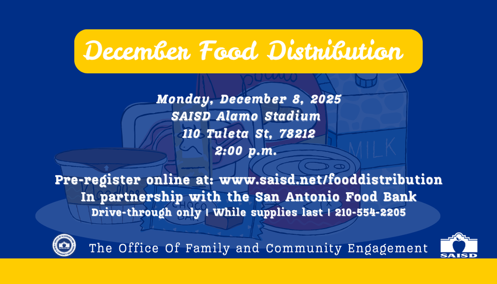 December SAISD Food Distribution on Monday, December 8th at 2:00 PM