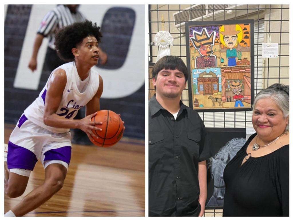 Kaleb McEwen (left) dribbling the basketball and Rudy Cardenas (right) standing in front of his artwork.