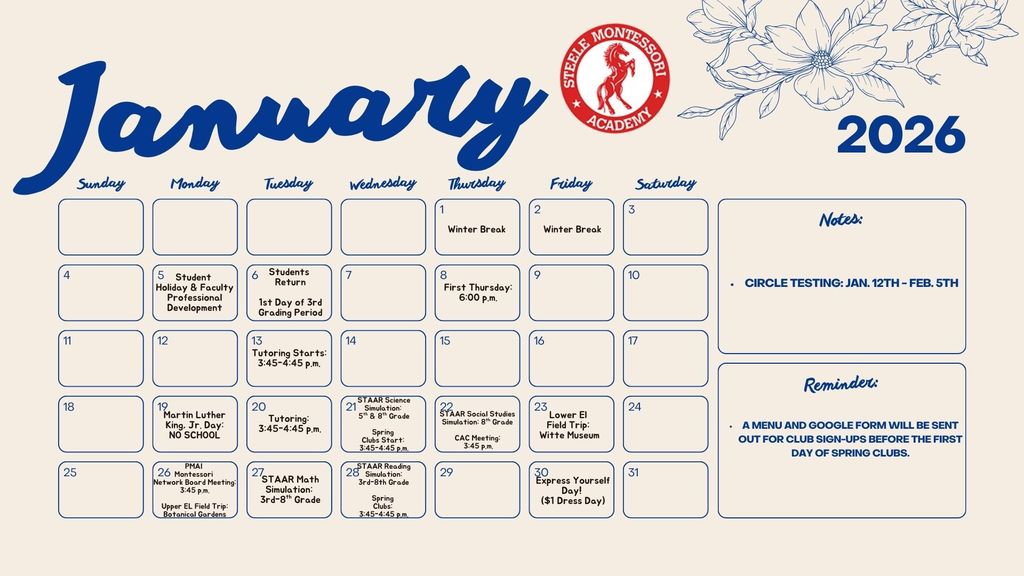 Steele Family Calendar: January 2026 (English)