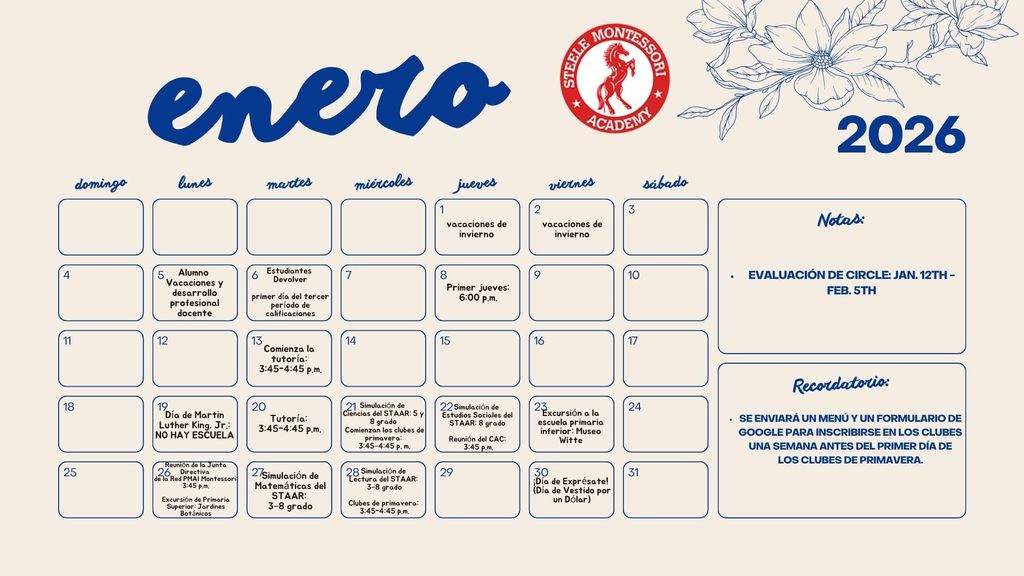Steele Family Calendar: January 2026 (Spanish)