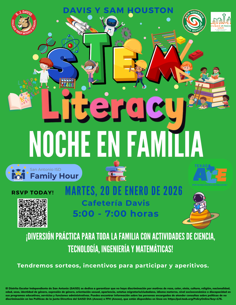 Join us for our Academic Night on January 20th at 5 pm in the Davis Cafeteria. We will have fun STEM activities, reading activities, raffles and much more. Come out to enjoy the evening with hot dogs and snacks.