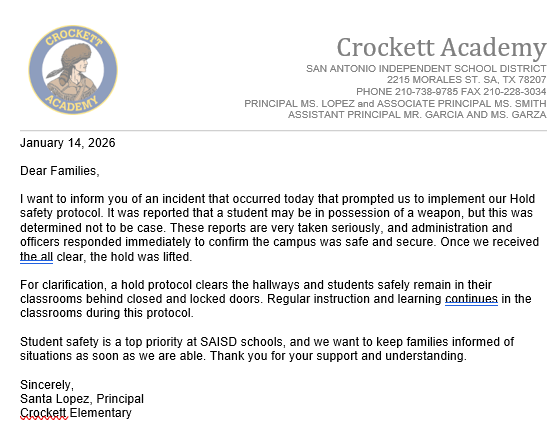 2026-01-14 Parent Letter CROCKETT ES Hold ENG