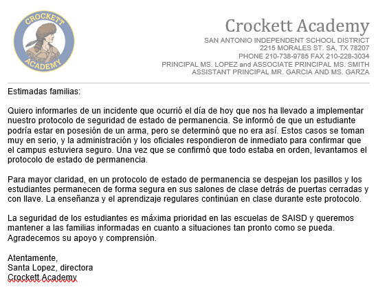 2026-01-14 Parent Letter CROCKETT ES Hold SPA
