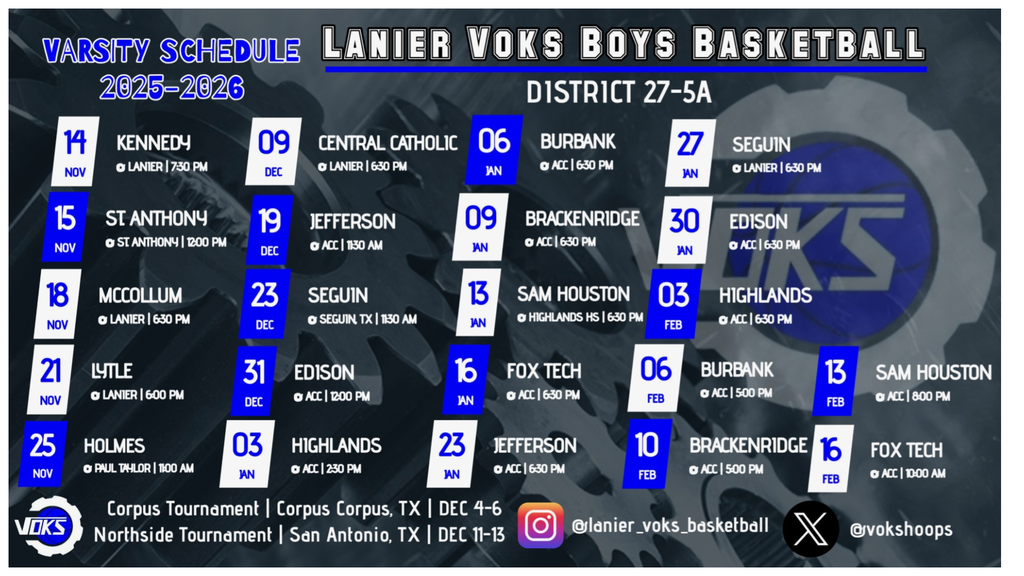 Lanier VOKS Varsity Boys Basketball Schedule 