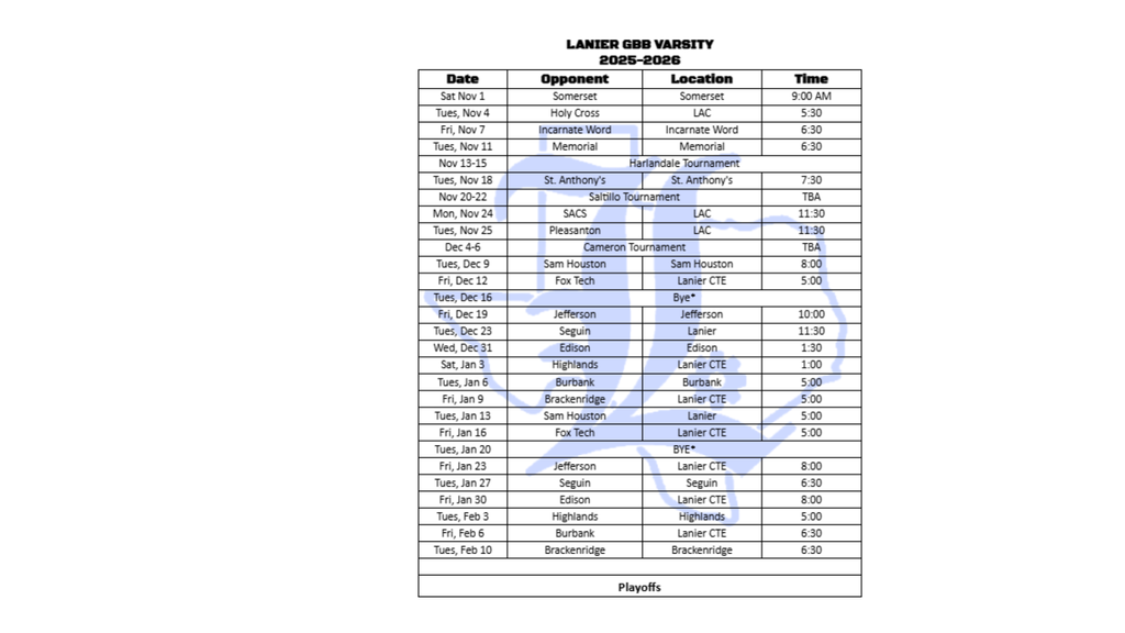Lanier VOKS Girls Basketball Schedule 
