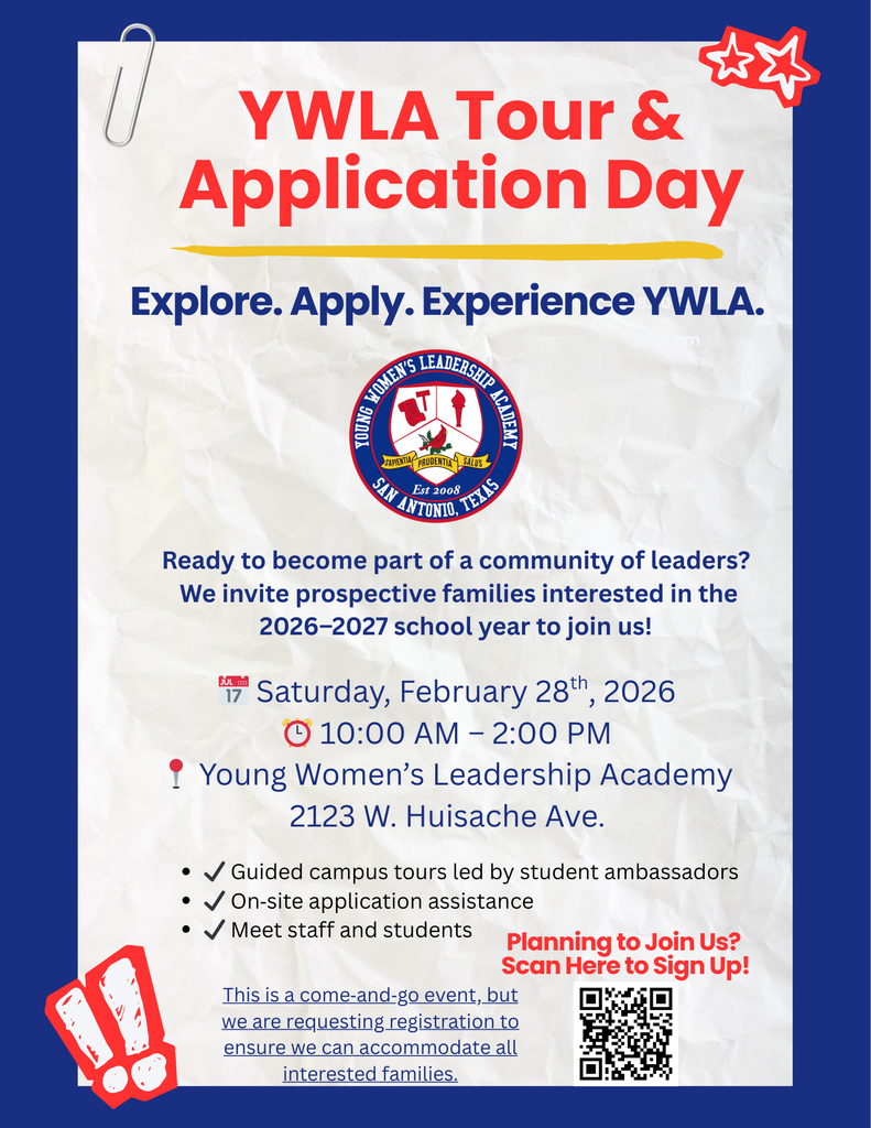 Flyer about YWLA admission application assistance or school tours on February 28th, 2026. 