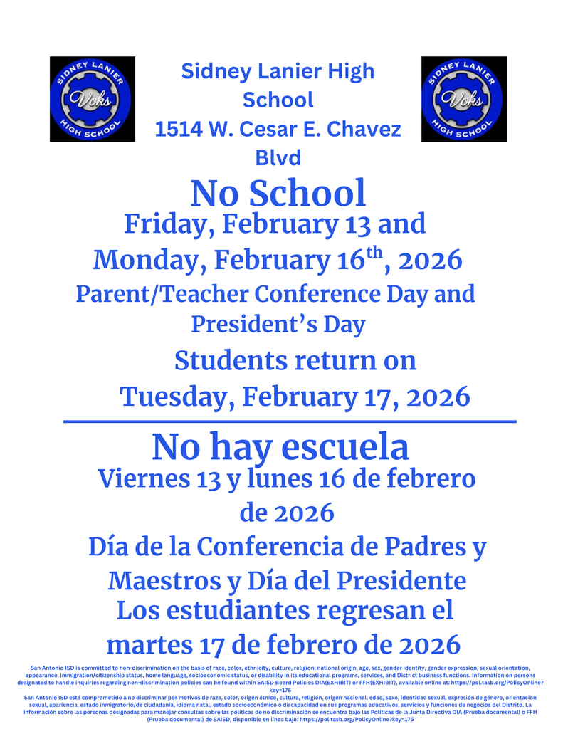 No School for Students February 13th and 16th