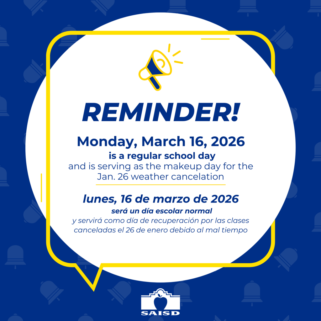 Reminder: Monday, March 16, 2026 is a regular school day and is serving as the makeup day for the Jan. 26 weather cancelation.   Recordatorio: el lunes, 16 de marzo de 2026 será un día escolar normal y servirá como día de recuperación por las clases canceladas el 26 de enero debido al mal tiempo.