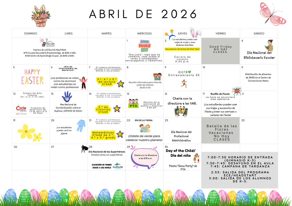 April School Calendar Spanish