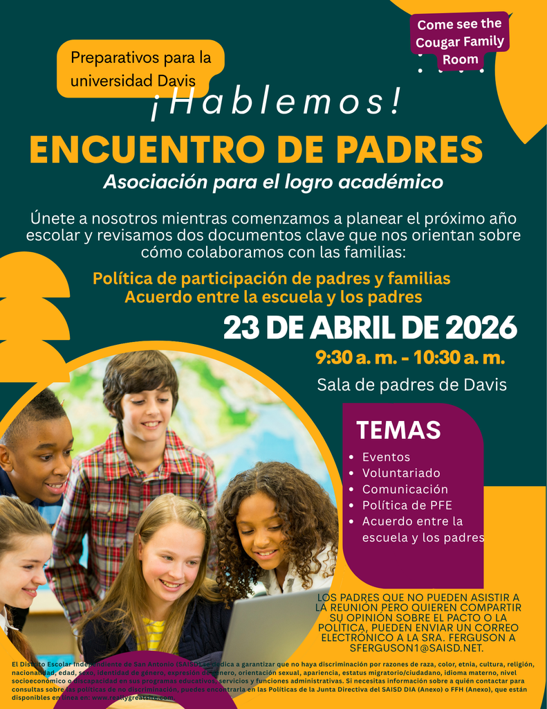 Join us for our planning parent meeting at Davis on April 23rd at 9:30 am in the parent room. Hope to see you there!