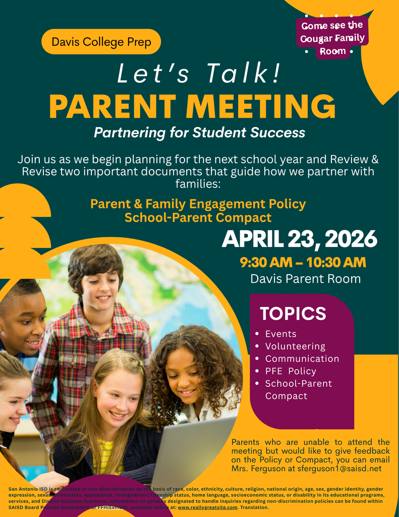 Join us for our planning parent meeting at Davis on April 23rd at 9:30 am in the parent room. Hope to see you there!