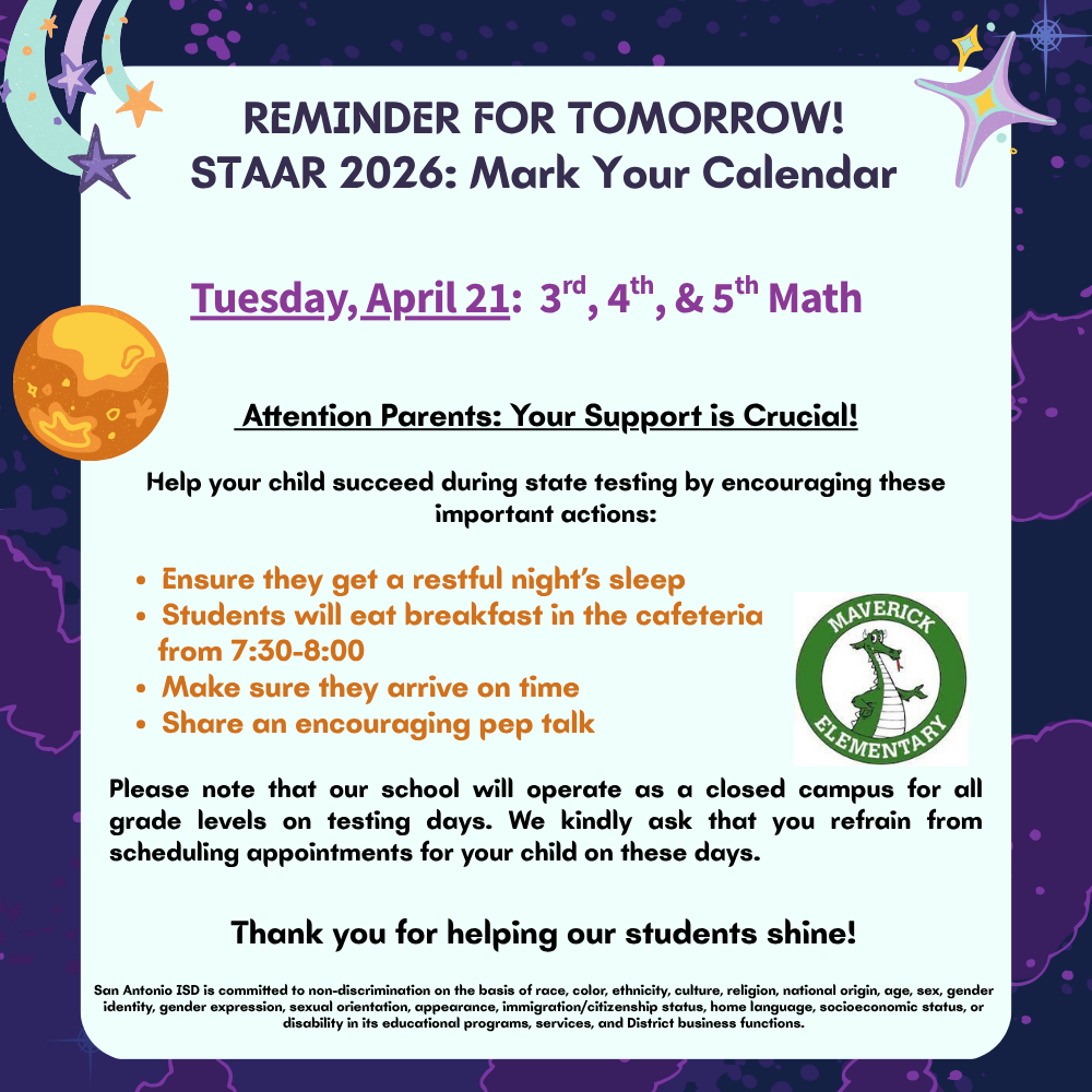 Reminder STAAR Math Tomorrow English