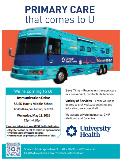 This is a Flyer to advertise free immunization clinic to be held on Wednesday, May 13, 2026.
