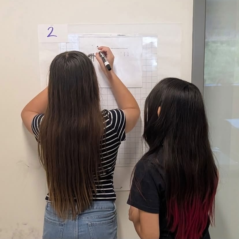 Girls solve math problems on wall