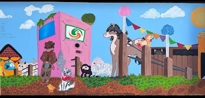 Mural with farm and Sam Houston logo