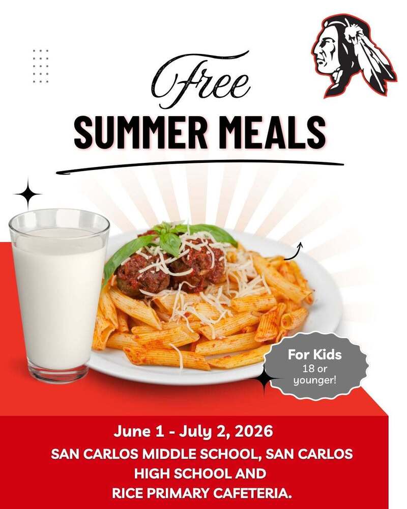 Promotional flyer for "Free SUMMER MEALS" from June 1 - July 2, 2026, for kids 18 or younger. Shows a plate of pasta with meatballs, milk, and a school mascot logo.