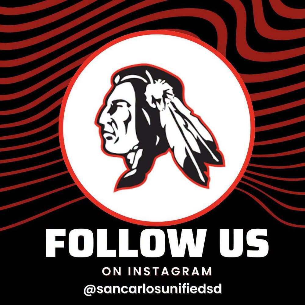 Graphic featuring a school mascot logo inside a white circle against a red and black wavy background, with text reading "FOLLOW US ON INSTAGRAM @sancarlosunifiedsd".