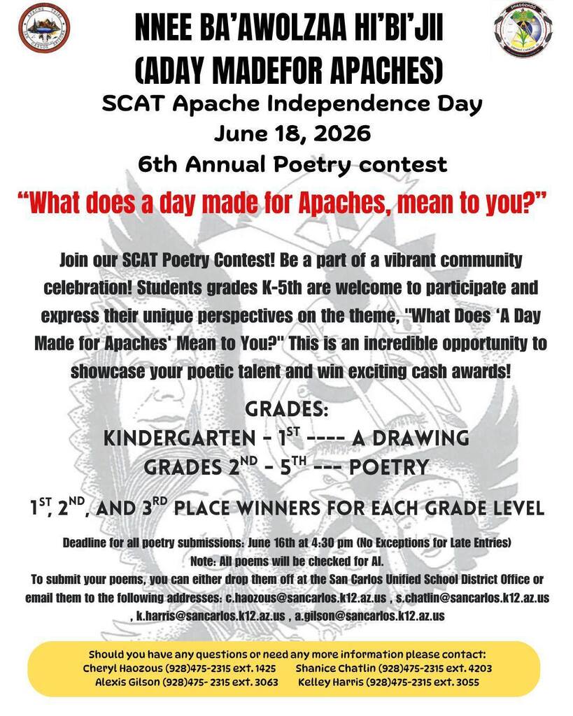 Poster with the title "SCAT Apache Independence Day" and a call for a poetry contest. It includes participation details for grades K-5th.