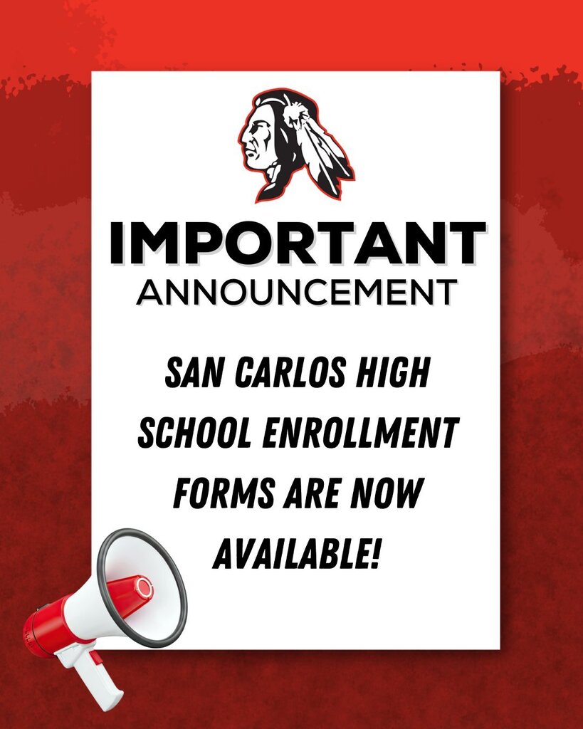 A white card on a red background with a megaphone on the left. It reads "Important Announcement: San Carlos High School Enrollment Forms Are Now Available!"