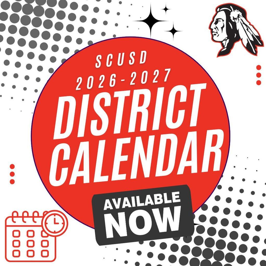 Calendar cover with "SCUSD 2026-2027 DISTRICT CALENDAR" and "AVAILABLE NOW" on red background. White calendar icon and clock icon in bottom left.
