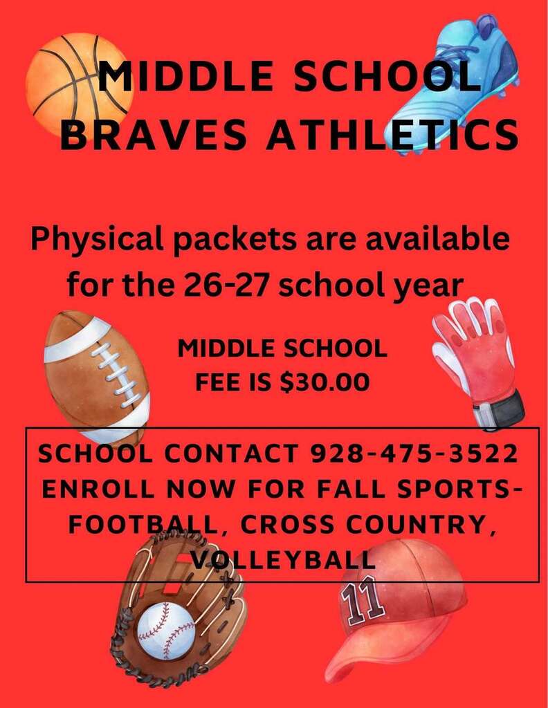 A sports flyer displays various sports equipment like a football, basketball, baseball glove, and cap. It highlights enrollment for the 26-27 school year.