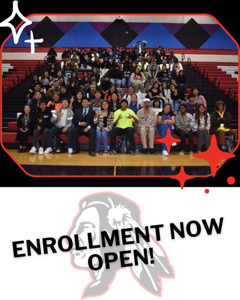 Large group of people seated on bleachers at a sports event. Text reads "Enrollment Now Open!" with a mascot logo.