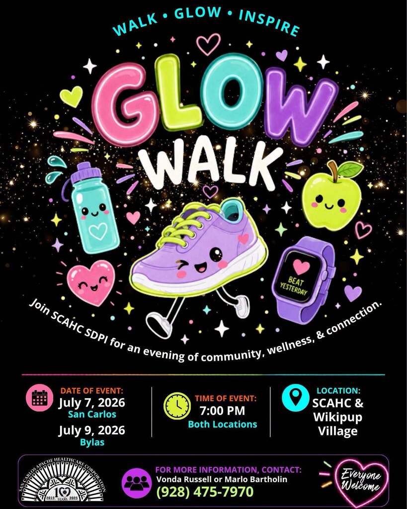Event poster for Glow Walk on July 7 and 9, 2026. Features a purple sneaker, hearts, and icons.
