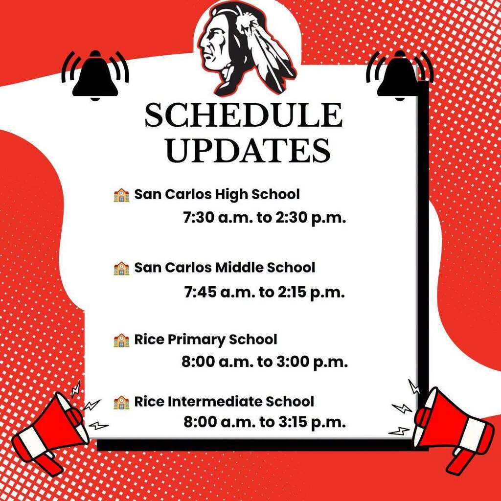 A red and white schedule update poster with a red headdress icon at the top lists school names and times.