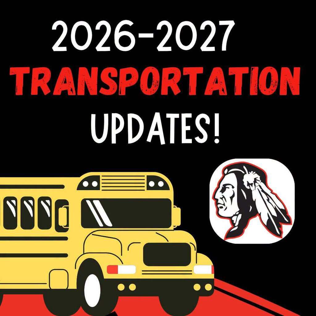 A poster features a school bus and a logo with an image of a person. "2026-2027 TRANSPORTATION UPDATES!" is written in bold.