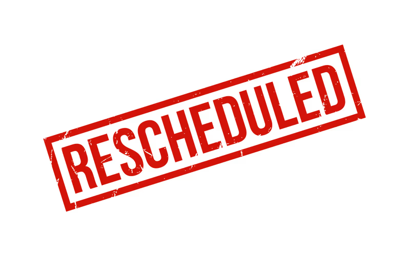 Red text in a rectangle stamp, reading "RESCHEDULED", displayed on a white background.