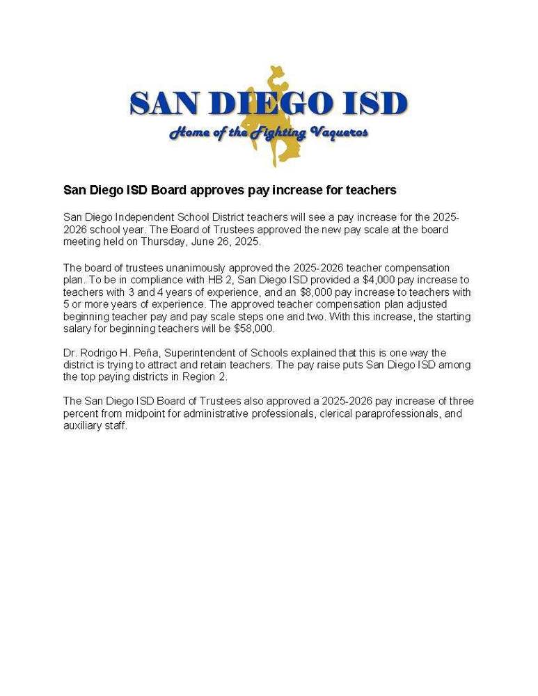 San Diego ISD Board approves pay increase for teachers 7-14-25