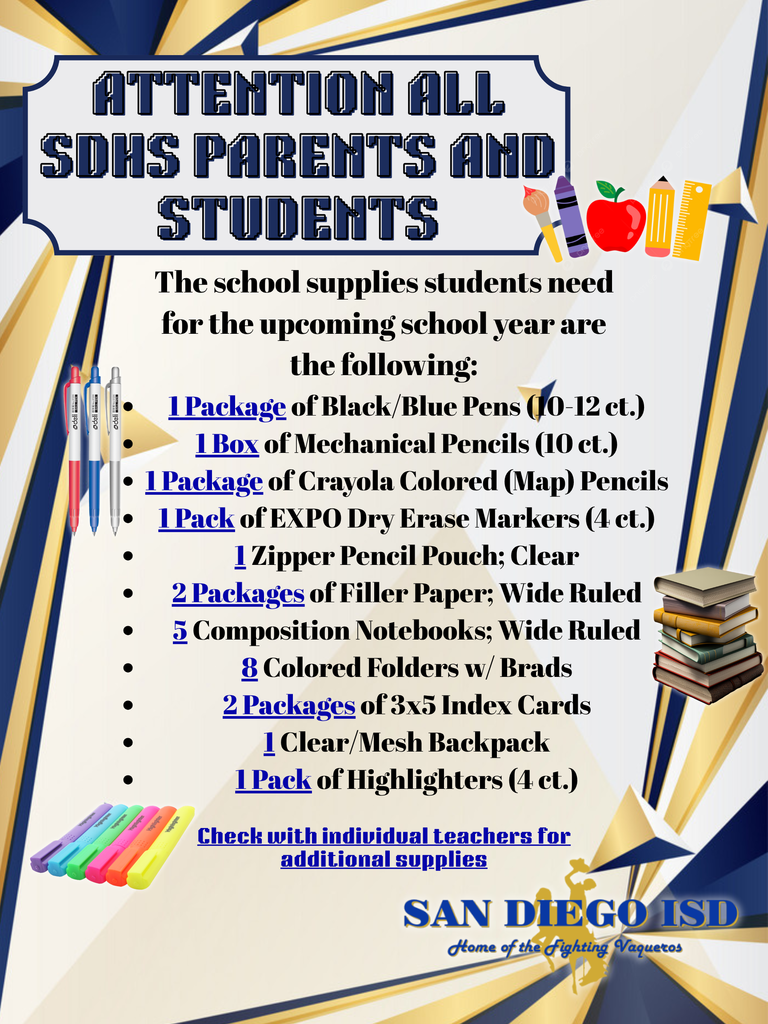 SDHS School Supply list for 2025-26 School year