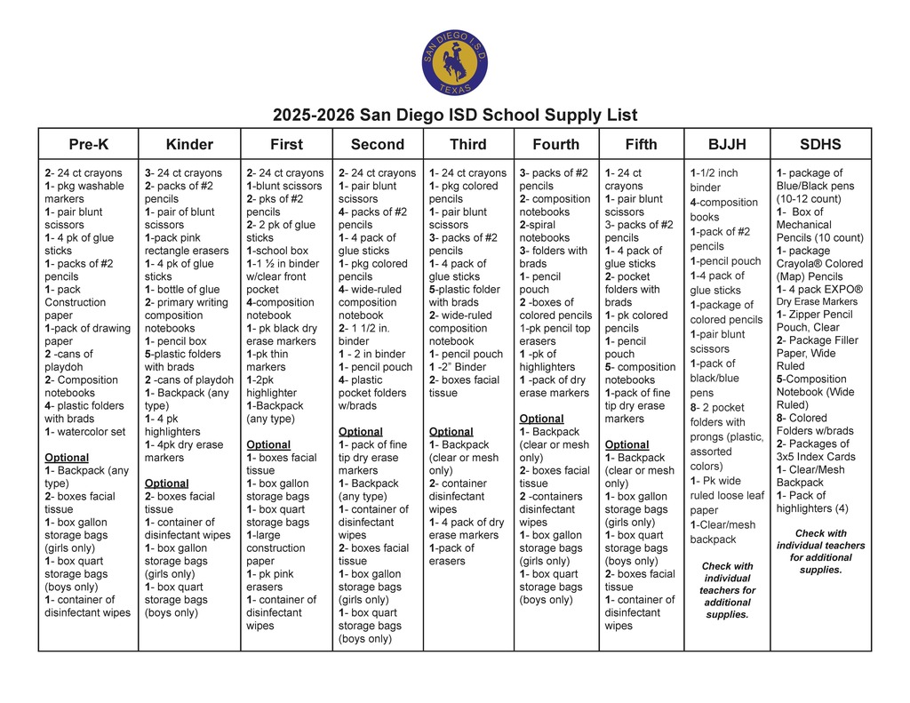 2025-2026 School Supply List