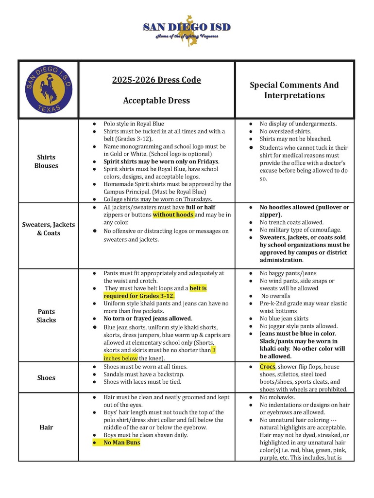 2025-2026 SDISD Student Dress Code