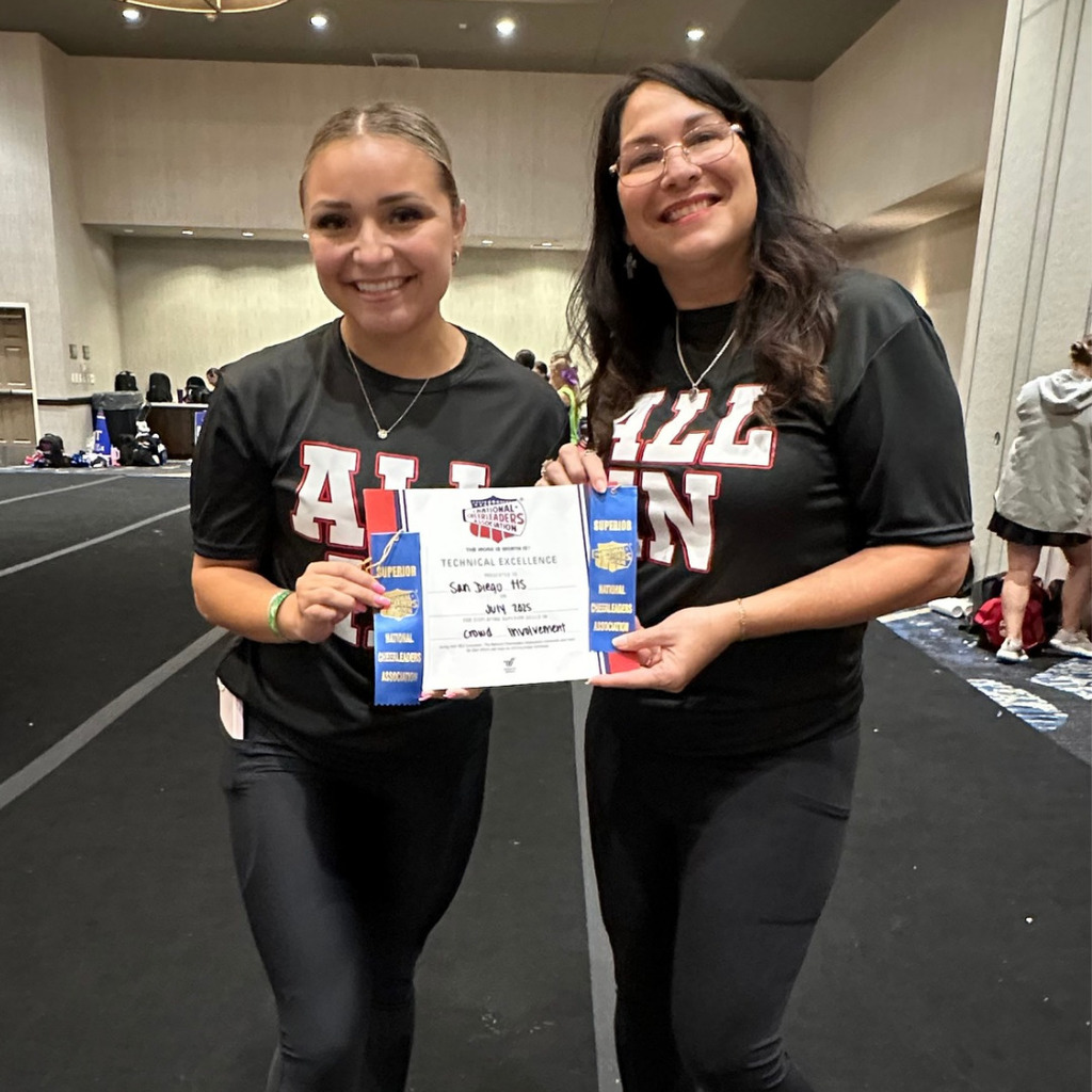 SDHS Cheer sponsor show off their Superior ribbons and crows involvement award.