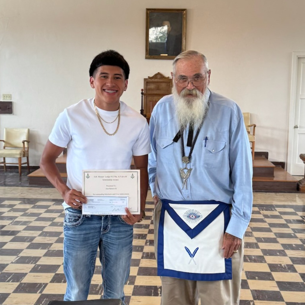 Joey Barrera receives SB Mosser Lodge 912 No. A.F. & A.M. Scholarship Award for outstanding Scholastic and Civic Achievement $500.00 Scholarship
